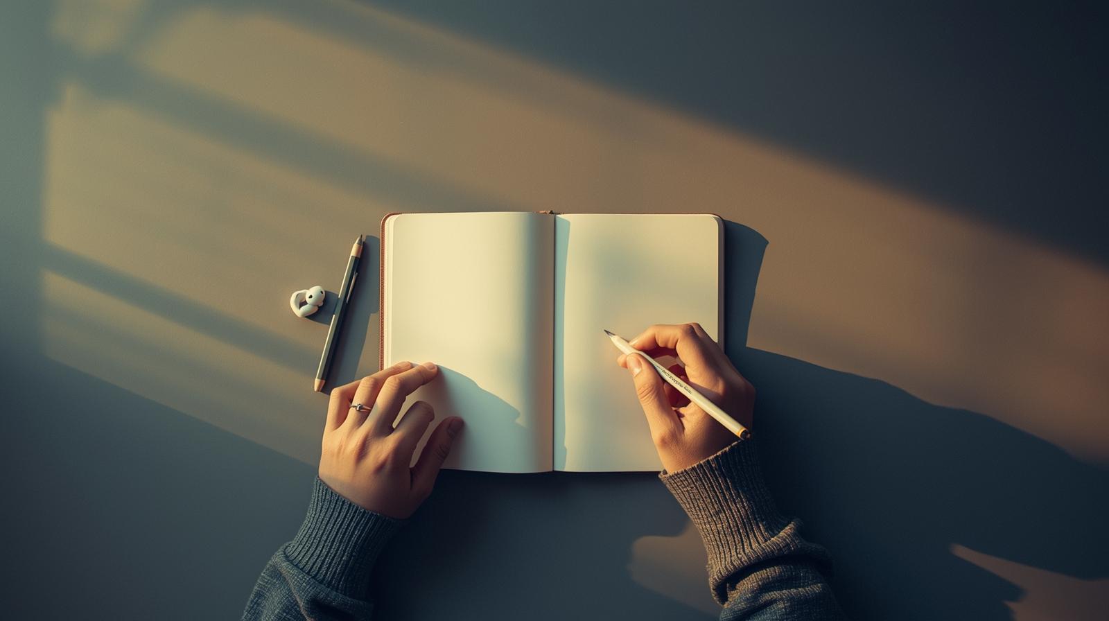 ノートに向き合う手元。英語学習の実践シーン