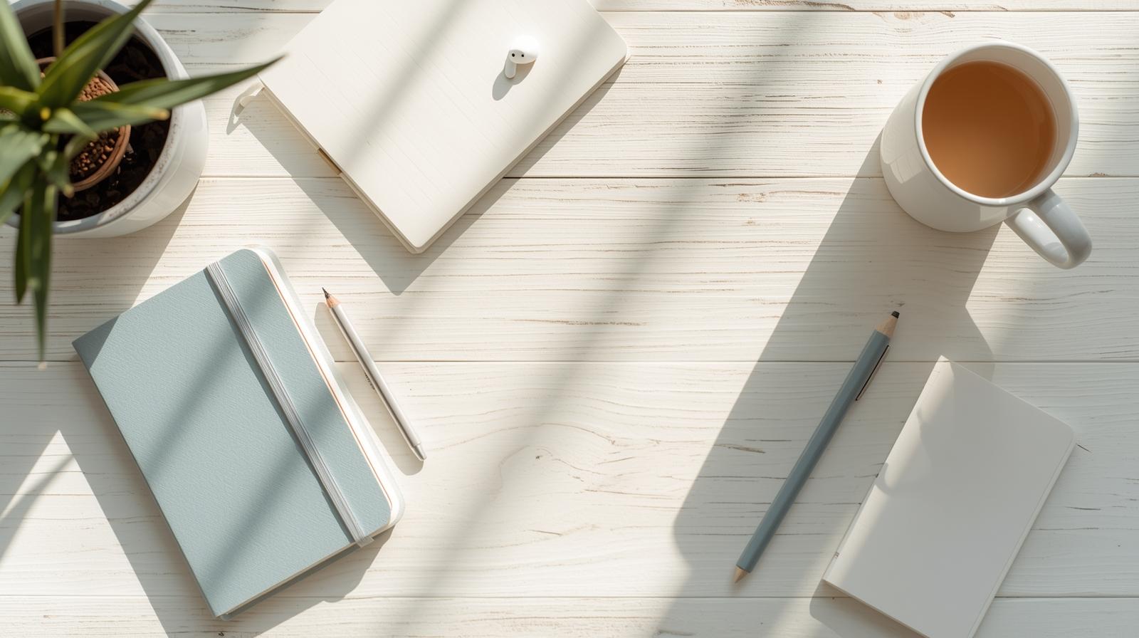 明るいデスクとノート。英語が日常に馴染んだ未来