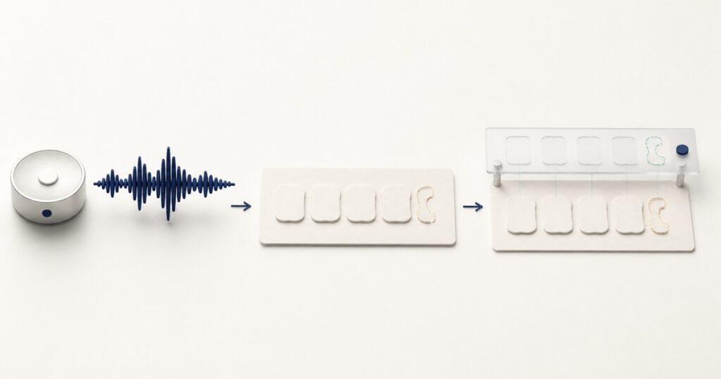 1文の音声を書き取り、スクリプトと照合して未確認箇所を1つ残す流れ