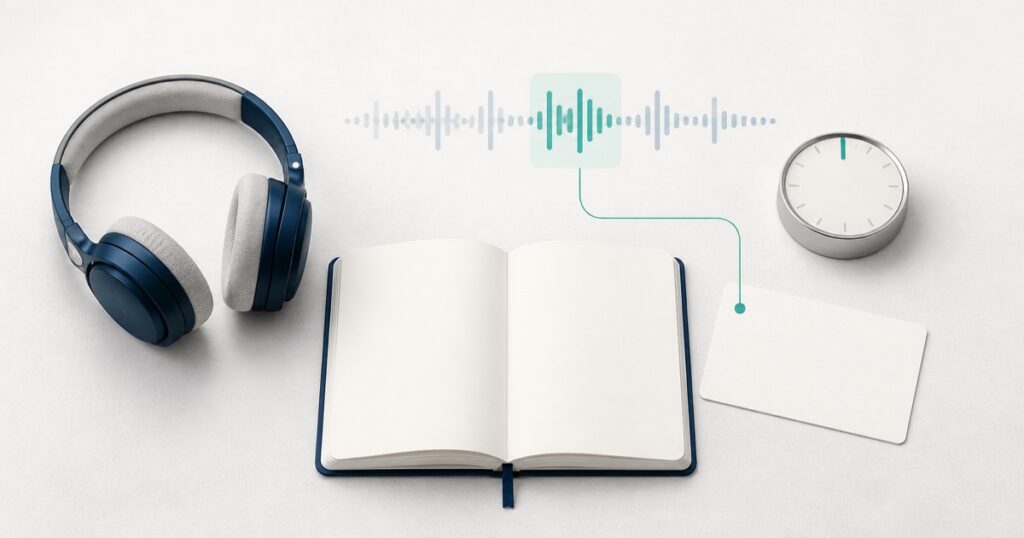 英語音声の聞き取れなかった区間を波形とノートで確認する学習机