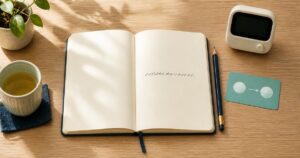 1文英作文のノートと主語・動詞を表す2つの丸が置かれた朝の机