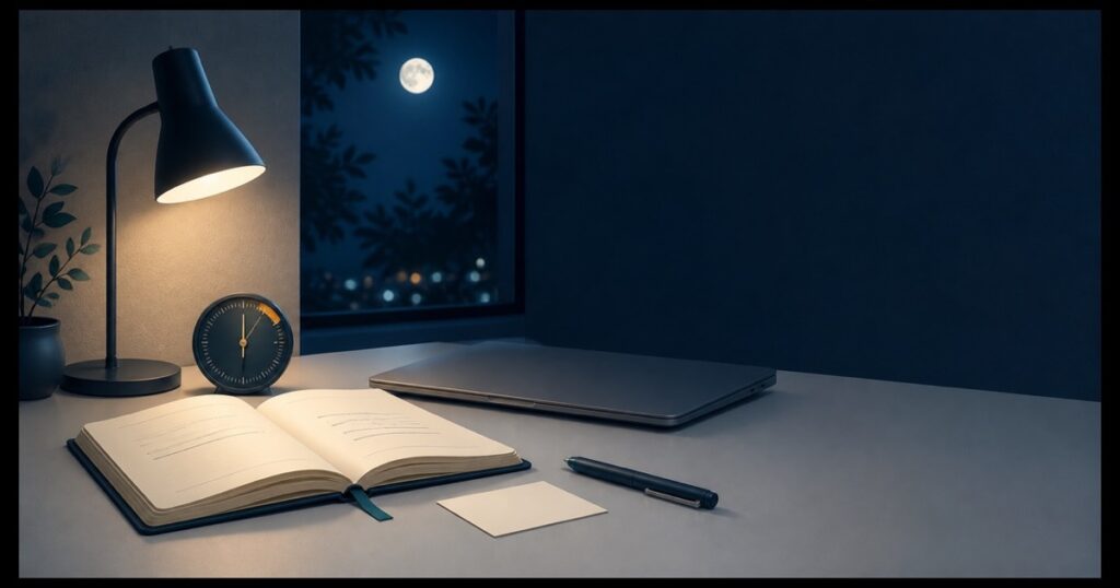 夜の机に置かれた英語の復習ノートと短時間学習用のタイマー