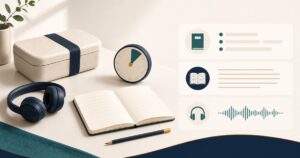 弁当箱、短時間タイマー、ノート、ヘッドホンで昼休みの英語学習4メニューを表す机