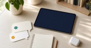 オンライン英会話の最初の挨拶と相づちを準備するタブレットと会話カード